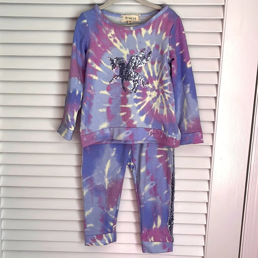 Girls Btween Tie Dye Sequin Unicorn Sweat Set